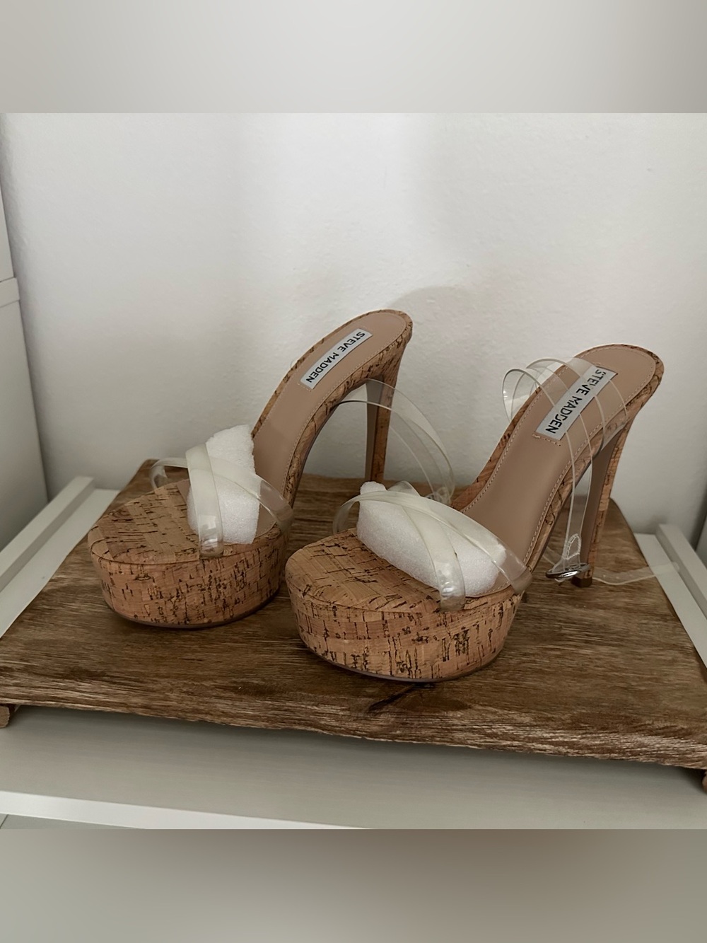 Steve Madden Cork Platform Heels with Clear Straps - Natural, Clear